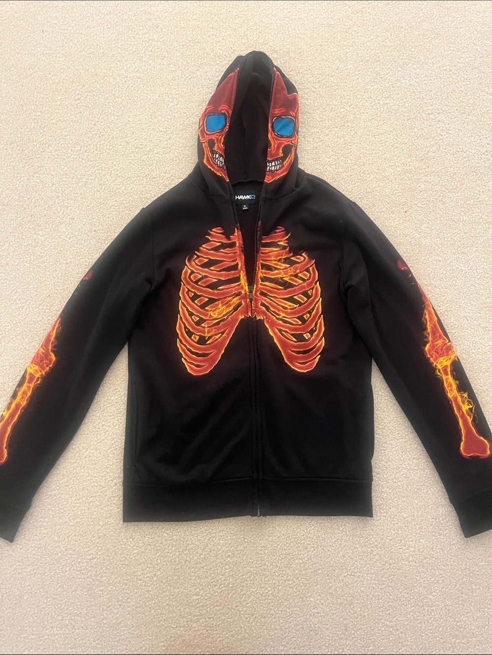 Tony Hawk Black Hoodie with Orange Flame Skull and Blue Eye Accents